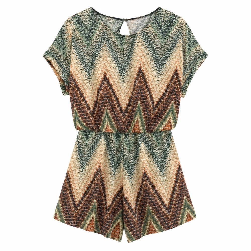 LASCANA Womens Chevron Print Open Back Romper Green Orange Size 2 - Picture 2 of 9
